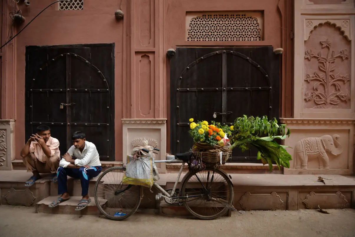 Restored decorative façade at Haveli Dharampura, Old Delhi